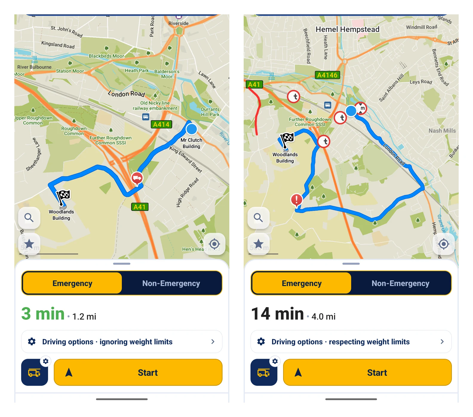 The same route in Blue Light Maps with the weight exemption on and off: 3 minutes and 1.2 miles ignoring weight limits, 14 minutes and 4.0 miles respecting them