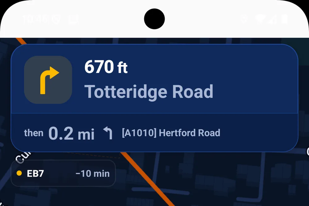 Blue Light Maps navigation view with the next turn at the top and an attending unit chip below it: callsign EB7, en route, arriving ten minutes before you