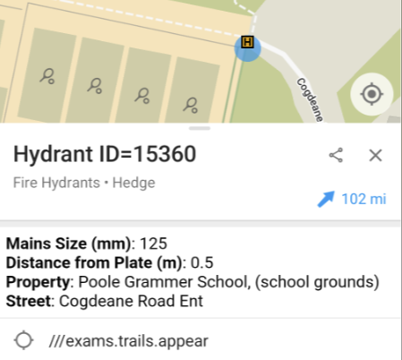 A fire hydrant from the service's own data shown on the Blue Light Maps base map, with its full record - mains size, distance from plate, property and access notes