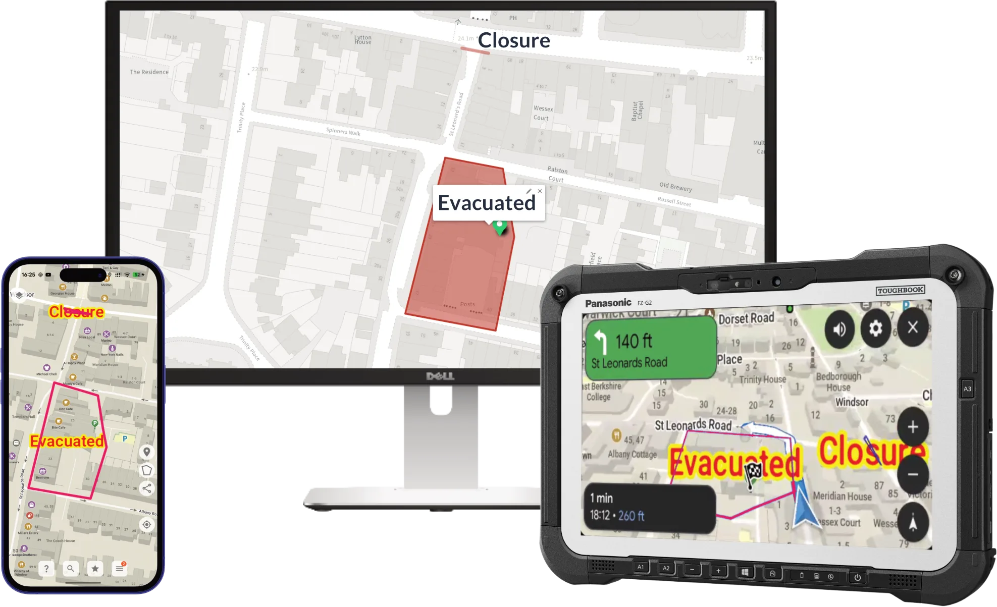 Blue Light Maps running on a control-room monitor, a rugged in-cab tablet, and a responder's mobile — the same map across all three