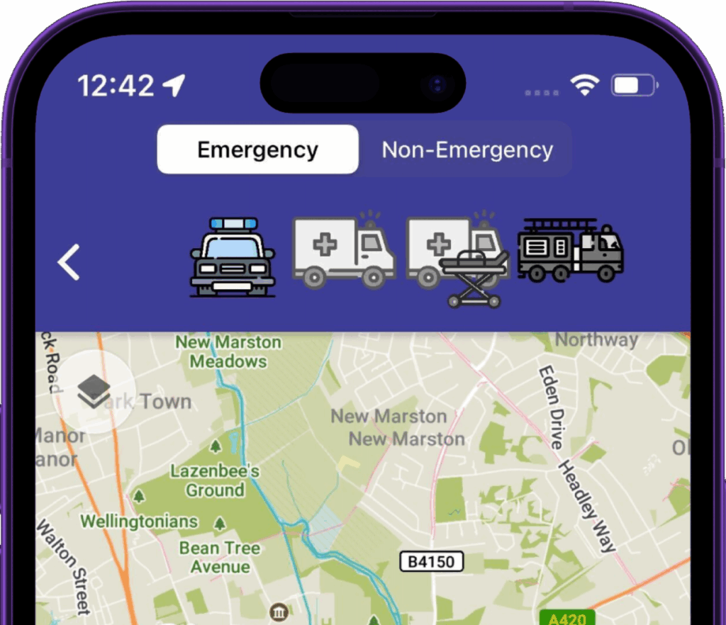 Blue Light Maps routing modes — Emergency/Non-Emergency toggle and per-vehicle routing profiles