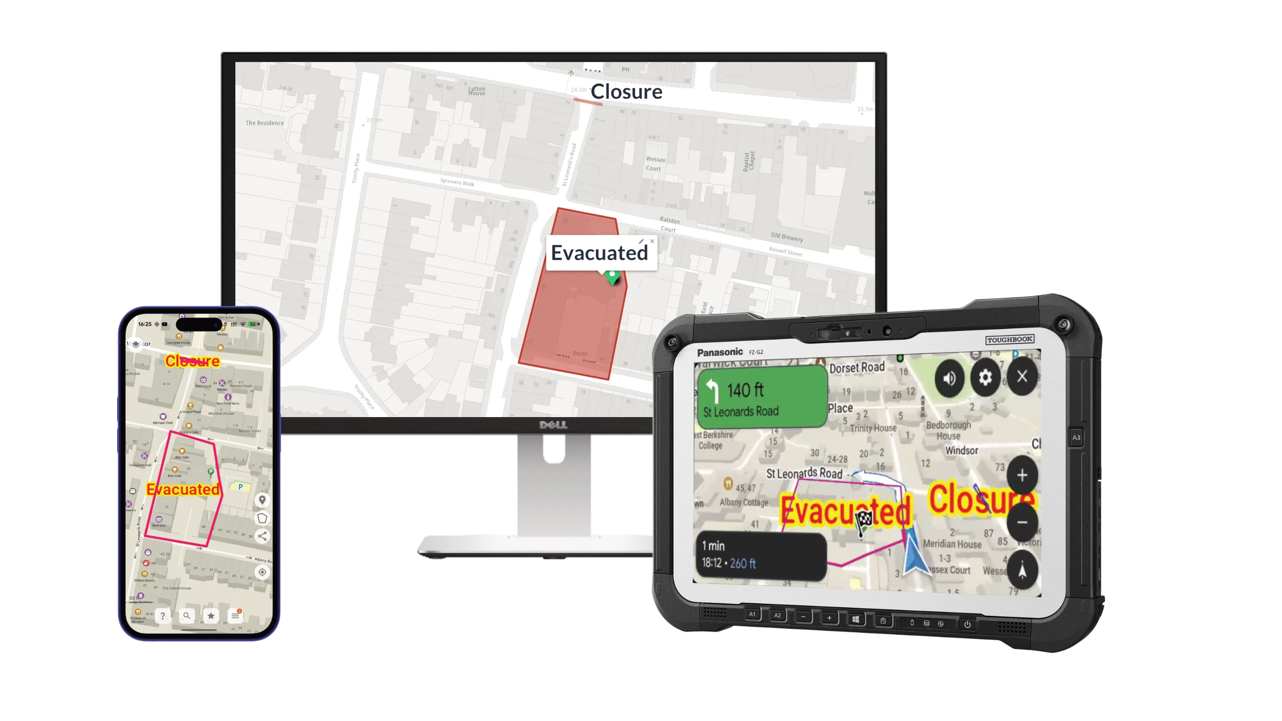 Monitor, rugged tablet and mobile sharing the same map overlays